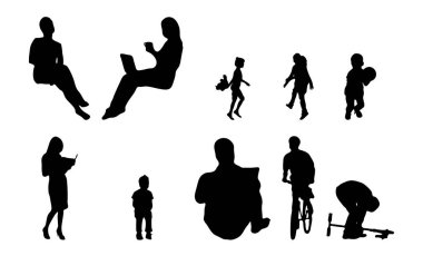 Vektör siluetleri, insanların ana hatları, Contour çizimleri, insanların siluetleri, ikon kümesi izole edilmiş, oturan insanların silueti, mimari set