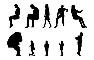 Vektör siluetleri, insanların ana hatları, Contour çizimleri, insanların siluetleri, ikon kümesi izole edilmiş, oturan insanların silueti, mimari set