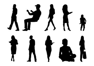 Vektör siluetleri, insanların ana hatları, Contour çizimleri, insanların siluetleri, ikon kümesi izole edilmiş, oturan insanların silueti, mimari set