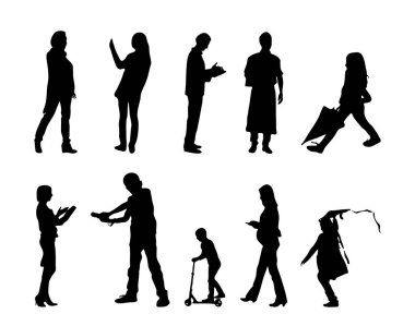 Vektör siluetleri, insanların ana hatları, Contour çizimleri, insanların siluetleri, ikon kümesi izole edilmiş, oturan insanların silueti, mimari set