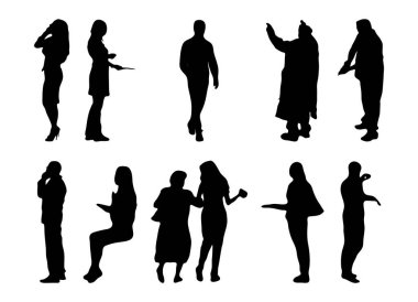 Vektör siluetleri, insanların ana hatları, Contour çizimleri, insanların siluetleri, ikon kümesi izole edilmiş, oturan insanların silueti, mimari set