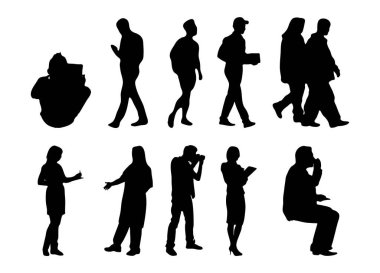 Vektör siluetleri, insanların ana hatları, Contour çizimleri, insanların siluetleri, ikon kümesi izole edilmiş, oturan insanların silueti, mimari set