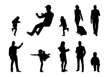 Vektör siluetleri, insanların ana hatları, Contour çizimleri, insanların siluetleri, ikon kümesi izole edilmiş, oturan insanların silueti, mimari set