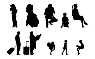 Vektör siluetleri, insanların ana hatları, Contour çizimleri, insanların siluetleri, ikon kümesi izole edilmiş, oturan insanların silueti, mimari set