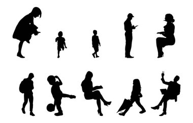 Vektör siluetleri, insanların ana hatları, Contour çizimleri, insanların siluetleri, ikon kümesi izole edilmiş, oturan insanların silueti, mimari set