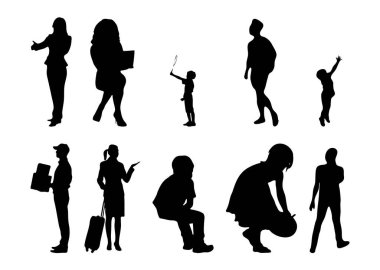 Vektör siluetleri, insanların ana hatları, Contour çizimleri, insanların siluetleri, ikon kümesi izole edilmiş, oturan insanların silueti, mimari set