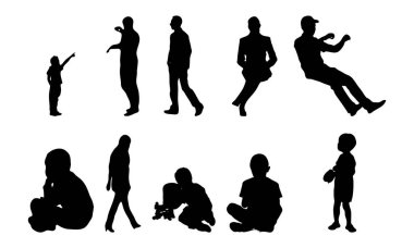 Vektör siluetleri, insanların ana hatları, Contour çizimleri, insanların siluetleri, ikon kümesi izole edilmiş, oturan insanların silueti, mimari set