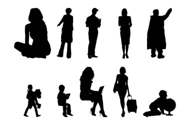 Vektör siluetleri, insanların ana hatları, Contour çizimleri, insanların siluetleri, ikon kümesi izole edilmiş, oturan insanların silueti, mimari set