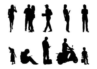Vektör siluetleri, insanların ana hatları, Contour çizimleri, insanların siluetleri, ikon kümesi izole edilmiş, oturan insanların silueti, mimari set