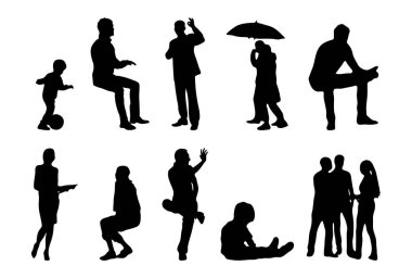 Vektör siluetleri, insanların ana hatları, Contour çizimleri, insanların siluetleri, ikon kümesi izole edilmiş, oturan insanların silueti, mimari set