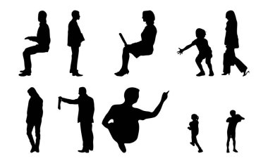 Vektör siluetleri, insanların ana hatları, Contour çizimleri, insanların siluetleri, ikon kümesi izole edilmiş, oturan insanların silueti, mimari set