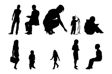 Vektör siluetleri, insanların ana hatları, Contour çizimleri, insanların siluetleri, ikon kümesi izole edilmiş, oturan insanların silueti, mimari set
