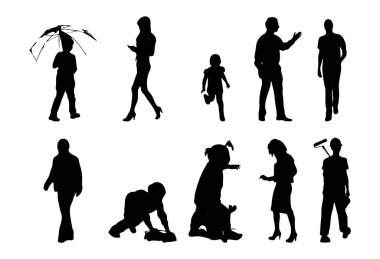 Vektör siluetleri, insanların ana hatları, Contour çizimleri, insanların siluetleri, ikon kümesi izole edilmiş, oturan insanların silueti, mimari set