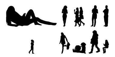 Vektör siluetleri, insanların ana hatları, Contour çizimleri, insanların siluetleri, ikon kümesi izole edilmiş, oturan insanların silueti, mimari set