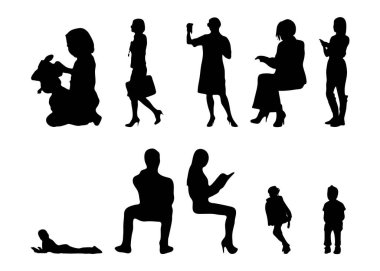 Vektör siluetleri, insanların ana hatları, Contour çizimleri, insanların siluetleri, ikon kümesi izole edilmiş, oturan insanların silueti, mimari set