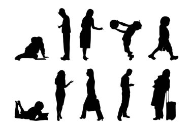 Vektör siluetleri, insanların ana hatları, Contour çizimleri, insanların siluetleri, ikon kümesi izole edilmiş, oturan insanların silueti, mimari set