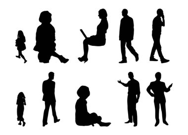 Vektör siluetleri, insanların ana hatları, Contour çizimleri, insanların siluetleri, ikon kümesi izole edilmiş, oturan insanların silueti, mimari set