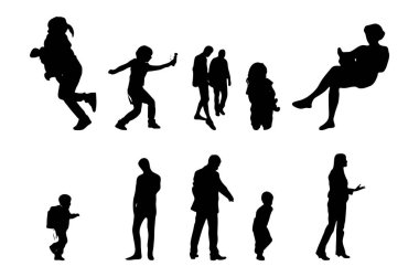 Vektör siluetleri, insanların ana hatları, Contour çizimleri, insanların siluetleri, ikon kümesi izole edilmiş, oturan insanların silueti, mimari set