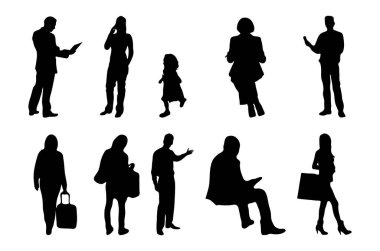 Vektör siluetleri, insanların ana hatları, Contour çizimleri, insanların siluetleri, ikon kümesi izole edilmiş, oturan insanların silueti, mimari set