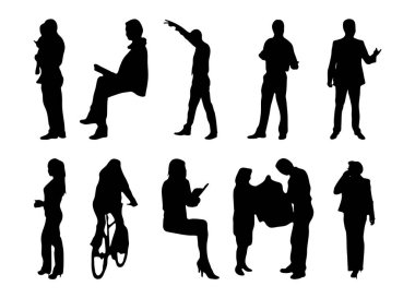 Vektör siluetleri, insanların ana hatları, Contour çizimleri, insanların siluetleri, ikon kümesi izole edilmiş, oturan insanların silueti, mimari set