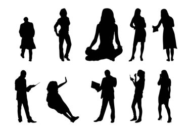 Vektör siluetleri, insanların ana hatları, Contour çizimleri, insanların siluetleri, ikon kümesi izole edilmiş, oturan insanların silueti, mimari set
