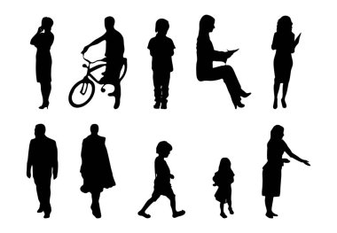 Vektör siluetleri, insanların ana hatları, Contour çizimleri, insanların siluetleri, ikon kümesi izole edilmiş, oturan insanların silueti, mimari set