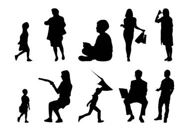 Vektör siluetleri, insanların ana hatları, Contour çizimleri, insanların siluetleri, ikon kümesi izole edilmiş, oturan insanların silueti, mimari set