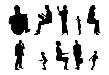 Vektör siluetleri, insanların ana hatları, Contour çizimleri, insanların siluetleri, ikon kümesi izole edilmiş, oturan insanların silueti, mimari set