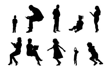 Vektör siluetleri, insanların ana hatları, Contour çizimleri, insanların siluetleri, ikon kümesi izole edilmiş, oturan insanların silueti, mimari set