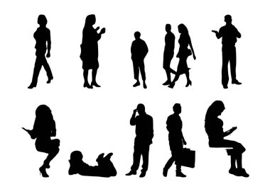 Vektör siluetleri, insanların ana hatları, Contour çizimleri, insanların siluetleri, ikon kümesi izole edilmiş, oturan insanların silueti, mimari set