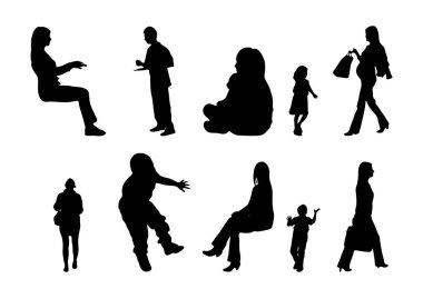 Vektör siluetleri, insanların ana hatları, Contour çizimleri, insanların siluetleri, ikon kümesi izole edilmiş, oturan insanların silueti, mimari set