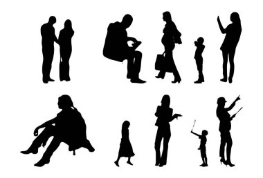 Vektör siluetleri, insanların ana hatları, Contour çizimleri, insanların siluetleri, ikon kümesi izole edilmiş, oturan insanların silueti, mimari set