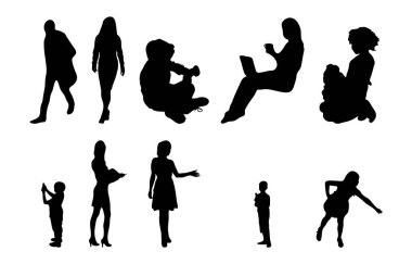 Vektör siluetleri, insanların ana hatları, Contour çizimleri, insanların siluetleri, ikon kümesi izole edilmiş, oturan insanların silueti, mimari set