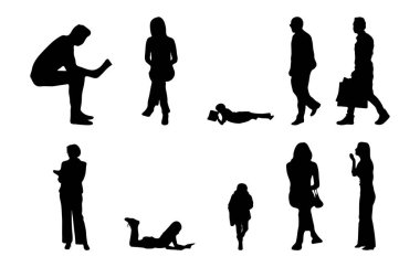 Vektör siluetleri, insanların ana hatları, Contour çizimleri, insanların siluetleri, ikon kümesi izole edilmiş, oturan insanların silueti, mimari set