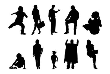 Vektör siluetleri, insanların ana hatları, Contour çizimleri, insanların siluetleri, ikon kümesi izole edilmiş, oturan insanların silueti, mimari set