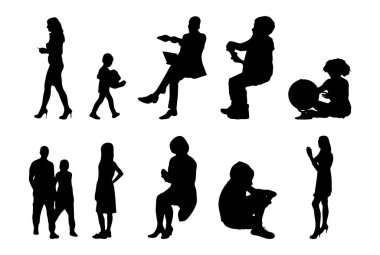 Vektör siluetleri, insanların ana hatları, Contour çizimleri, insanların siluetleri, ikon kümesi izole edilmiş, oturan insanların silueti, mimari set