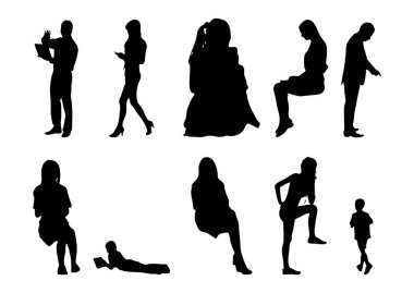 Vektör siluetleri, insanların ana hatları, Contour çizimleri, insanların siluetleri, ikon kümesi izole edilmiş, oturan insanların silueti, mimari set