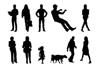 Vektör siluetleri, insanların ana hatları, Contour çizimleri, insanların siluetleri, ikon kümesi izole edilmiş, oturan insanların silueti, mimari set