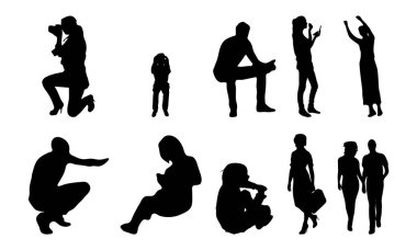 Vektör siluetleri, insanların ana hatları, Contour çizimleri, insanların siluetleri, ikon kümesi izole edilmiş, oturan insanların silueti, mimari set