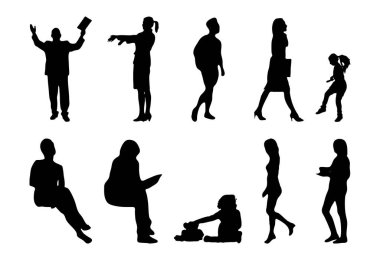 Vektör siluetleri, insanların ana hatları, Contour çizimleri, insanların siluetleri, ikon kümesi izole edilmiş, oturan insanların silueti, mimari set