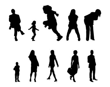 Vektör siluetleri, insanların ana hatları, Contour çizimleri, insanların siluetleri, ikon kümesi izole edilmiş, oturan insanların silueti, mimari set