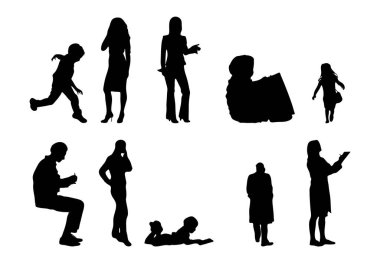 Vektör siluetleri, insanların ana hatları, Contour çizimleri, insanların siluetleri, ikon kümesi izole edilmiş, oturan insanların silueti, mimari set