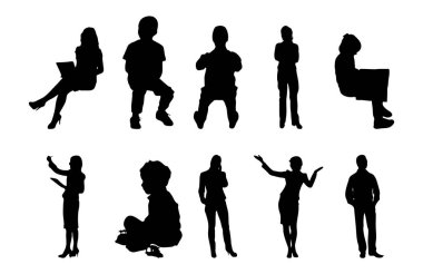 Vektör siluetleri, insanların ana hatları, Contour çizimleri, insanların siluetleri, ikon kümesi izole edilmiş, oturan insanların silueti, mimari set