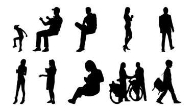 Vektör siluetleri, insanların ana hatları, Contour çizimleri, insanların siluetleri, ikon kümesi izole edilmiş, oturan insanların silueti, mimari set
