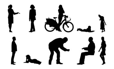 Vektör siluetleri, insanların ana hatları, Contour çizimleri, insanların siluetleri, ikon kümesi izole edilmiş, oturan insanların silueti, mimari set