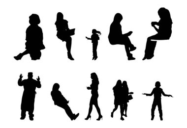 Vektör siluetleri, insanların ana hatları, Contour çizimleri, insanların siluetleri, ikon kümesi izole edilmiş, oturan insanların silueti, mimari set