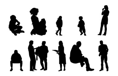 Vektör siluetleri, insanların ana hatları, Contour çizimleri, insanların siluetleri, ikon kümesi izole edilmiş, oturan insanların silueti, mimari set