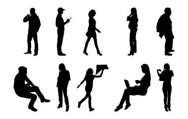 Vektör siluetleri, insanların ana hatları, Contour çizimleri, insanların siluetleri, ikon kümesi izole edilmiş, oturan insanların silueti, mimari set