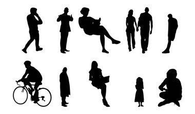 Vektör siluetleri, insanların ana hatları, Contour çizimleri, insanların siluetleri, ikon kümesi izole edilmiş, oturan insanların silueti, mimari set