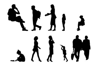 Vektör siluetleri, insanların ana hatları, Contour çizimleri, insanların siluetleri, ikon kümesi izole edilmiş, oturan insanların silueti, mimari set